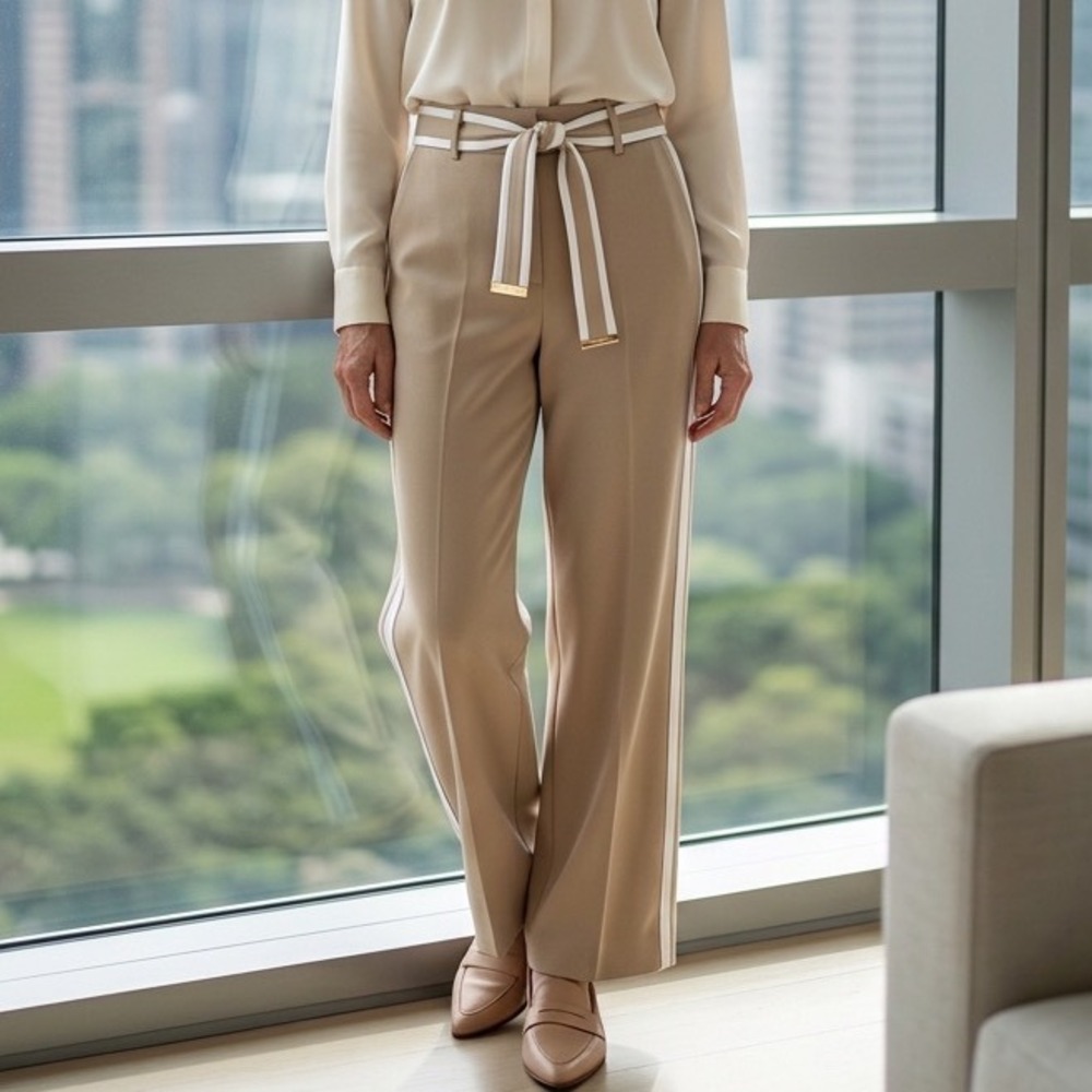 Anne Klein Womens Latte Ivory Straight Ankle Pants Side Stripe Tie Belt Size M